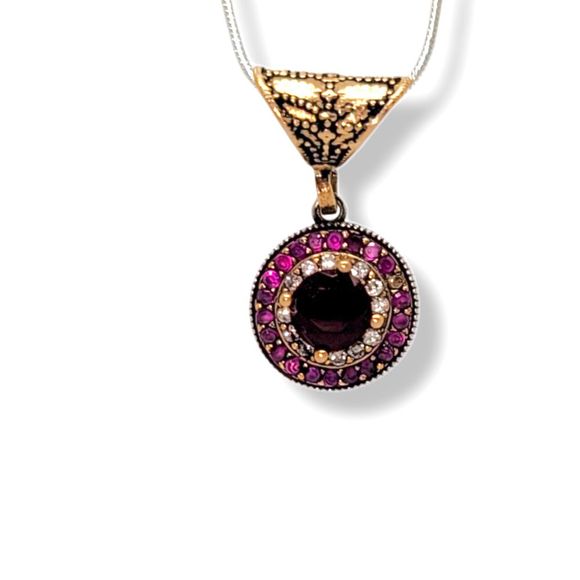 Vintage 925 Sterling and Bronze Round Ruby and White Zircon Halo Pendant 17 1/2" - Picture 2 of 10